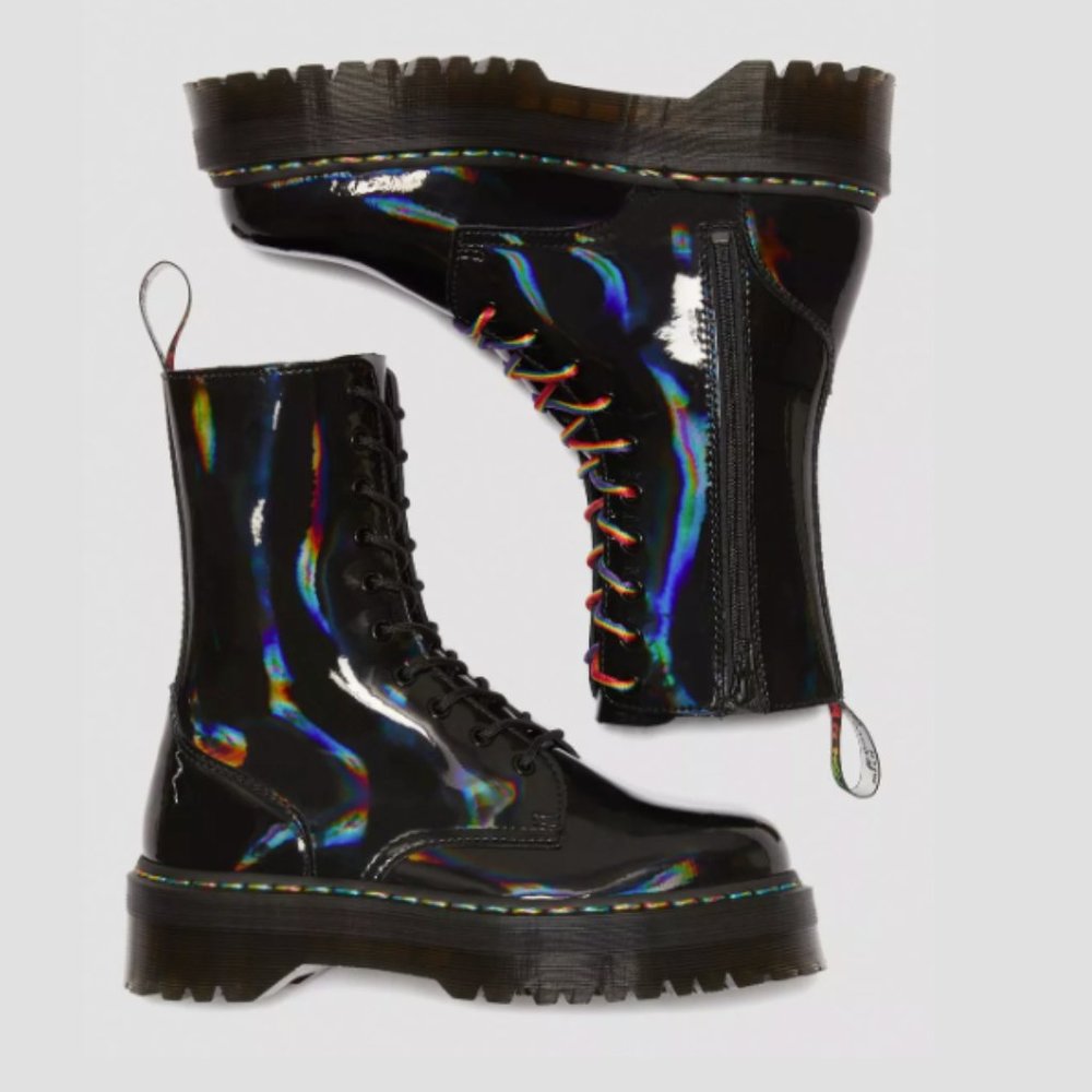 RARE Dr. Martens Jadon Hi Rainbow Patent Platform Boots | US 8